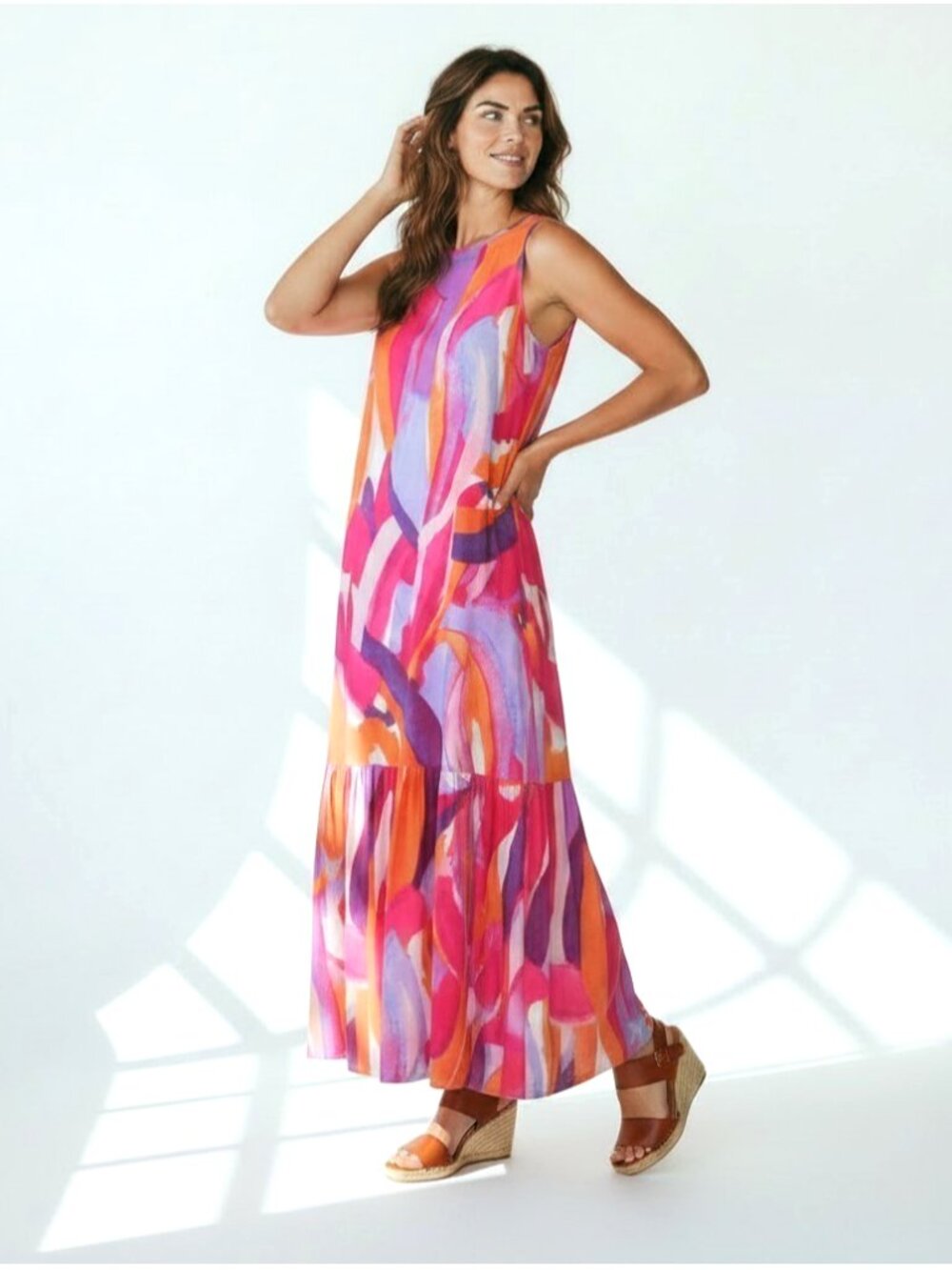 Susan Graver Printed Liquid Knit A-Line Back Tie Maxi Dress Size XL Pink Orange